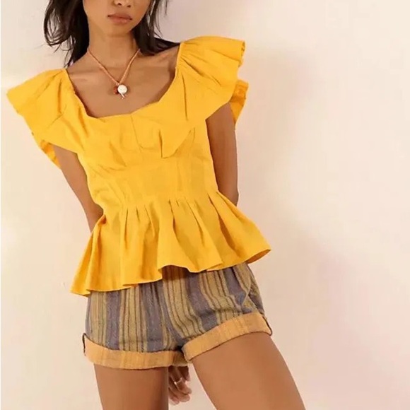 Free People Yellow Ruffled Peplum Blouse - Picture 4 of 7